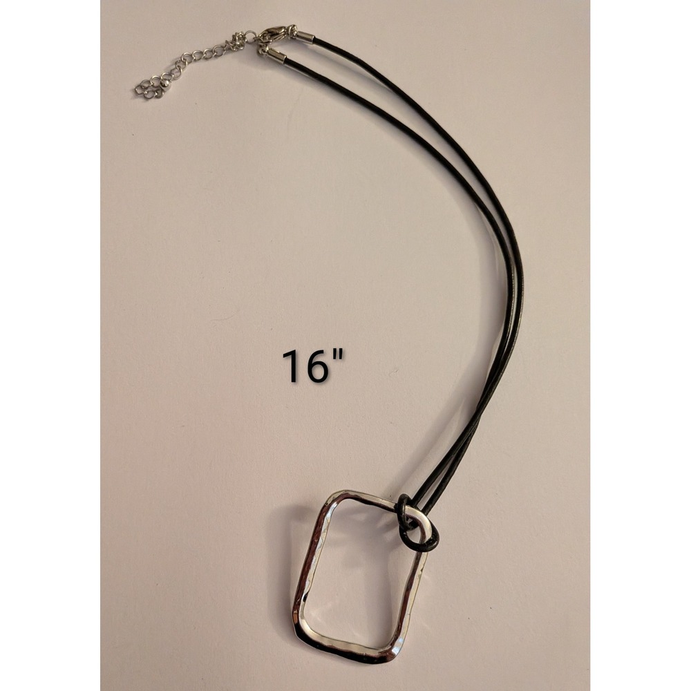 Modern Hammered Silver Tone Open Rectangle Pendant Double Black Cord Necklace